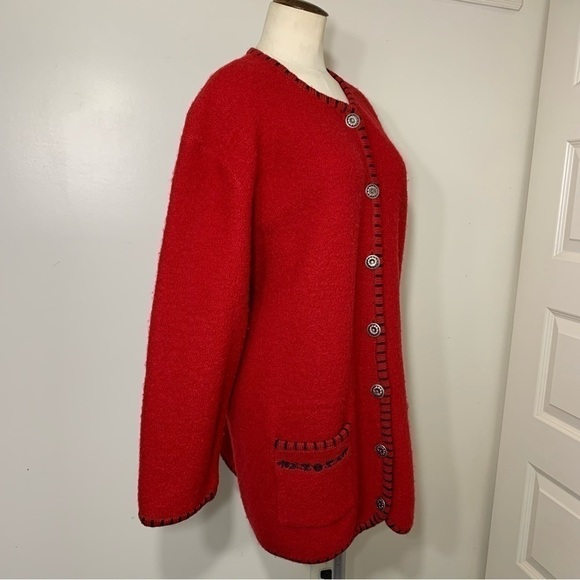 Vintage Boiled Wool Cardigan Jacket Sz 1X Knit Red Black Embroidered Classic - Picture 5 of 10